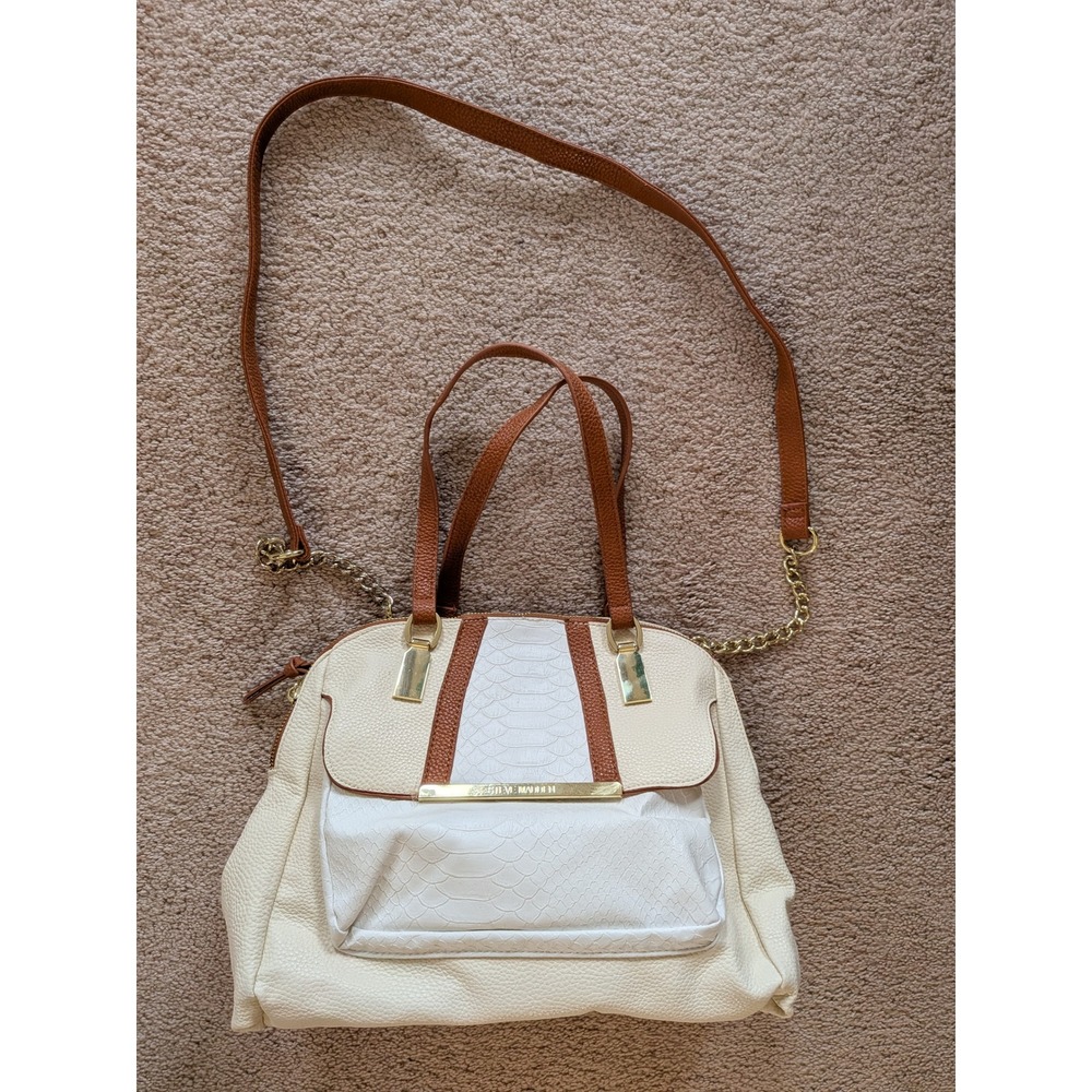 Steve‎ Madden Women Cream White Snakeskin Satchel Crossbody Bag Gold Hardware